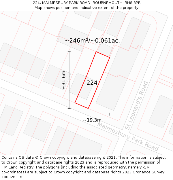 224, MALMESBURY PARK ROAD, BOURNEMOUTH, BH8 8PR: Plot and title map