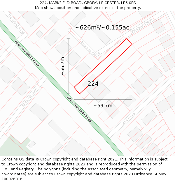224, MARKFIELD ROAD, GROBY, LEICESTER, LE6 0FS: Plot and title map