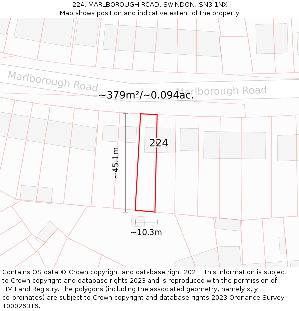 224, MARLBOROUGH ROAD, SWINDON, SN3 1NX: Plot and title map