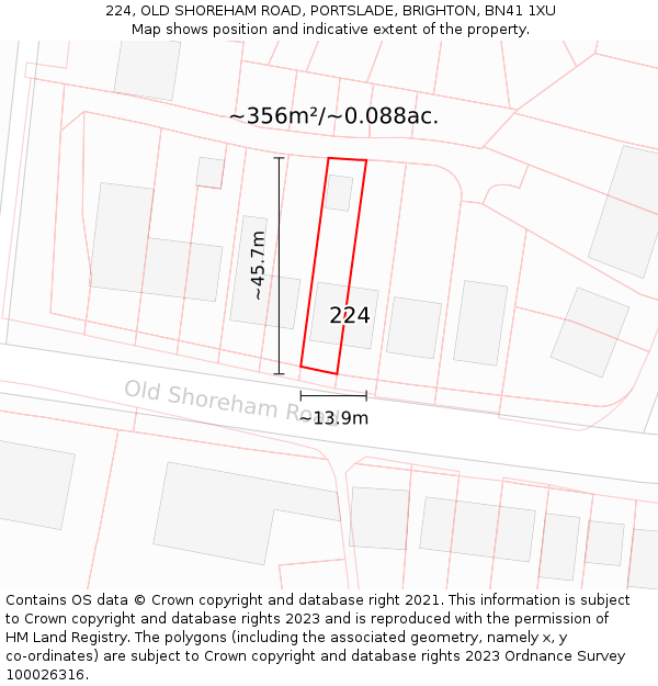 224, OLD SHOREHAM ROAD, PORTSLADE, BRIGHTON, BN41 1XU: Plot and title map