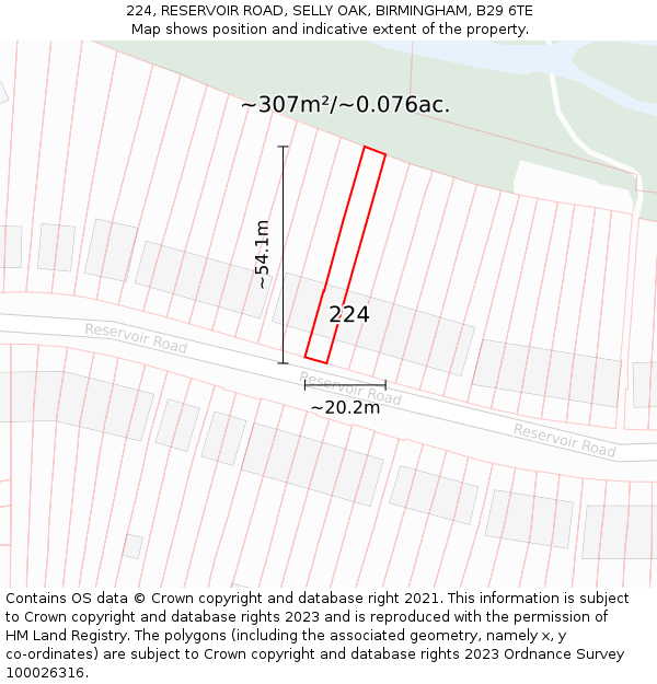 224, RESERVOIR ROAD, SELLY OAK, BIRMINGHAM, B29 6TE: Plot and title map