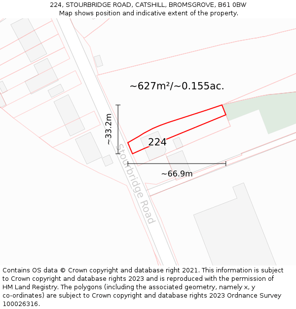 224, STOURBRIDGE ROAD, CATSHILL, BROMSGROVE, B61 0BW: Plot and title map