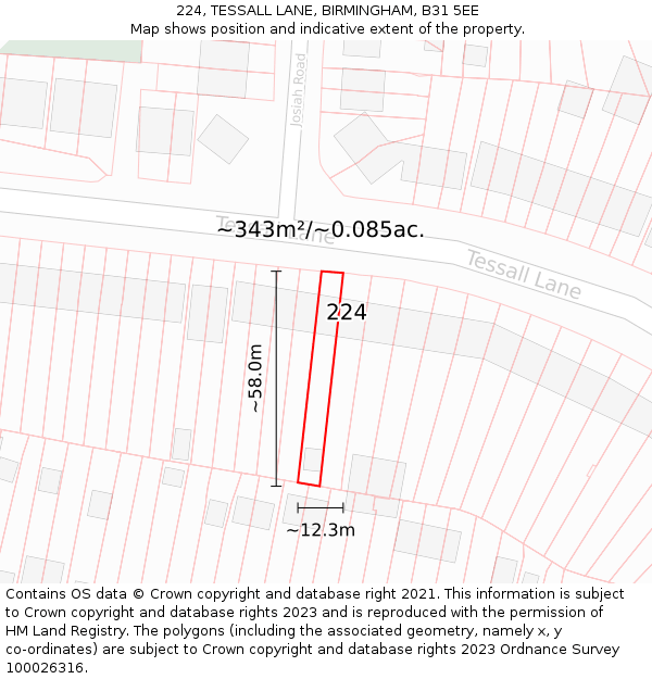 224, TESSALL LANE, BIRMINGHAM, B31 5EE: Plot and title map