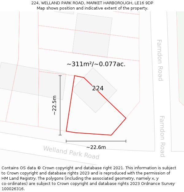 224, WELLAND PARK ROAD, MARKET HARBOROUGH, LE16 9DP: Plot and title map