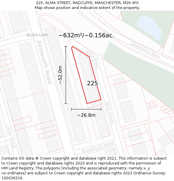 225, ALMA STREET, RADCLIFFE, MANCHESTER, M26 4FX: Plot and title map