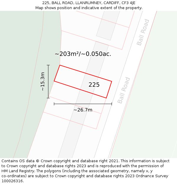 225, BALL ROAD, LLANRUMNEY, CARDIFF, CF3 4JE: Plot and title map