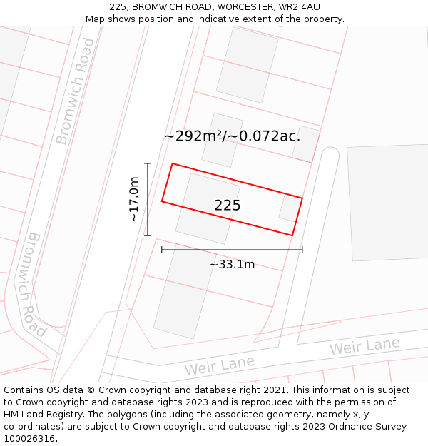 225, BROMWICH ROAD, WORCESTER, WR2 4AU: Plot and title map