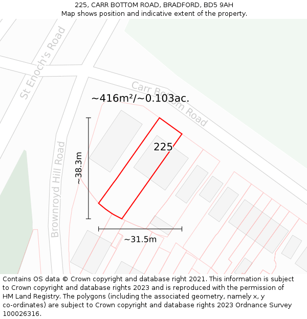 225, CARR BOTTOM ROAD, BRADFORD, BD5 9AH: Plot and title map