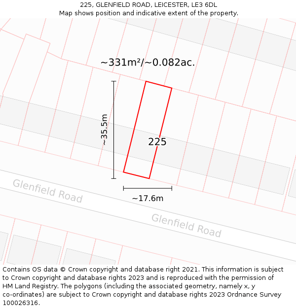 225, GLENFIELD ROAD, LEICESTER, LE3 6DL: Plot and title map