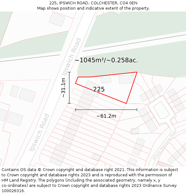 225, IPSWICH ROAD, COLCHESTER, CO4 0EN: Plot and title map