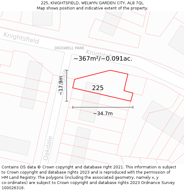 225, KNIGHTSFIELD, WELWYN GARDEN CITY, AL8 7QL: Plot and title map