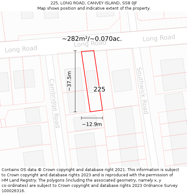 225, LONG ROAD, CANVEY ISLAND, SS8 0JF: Plot and title map