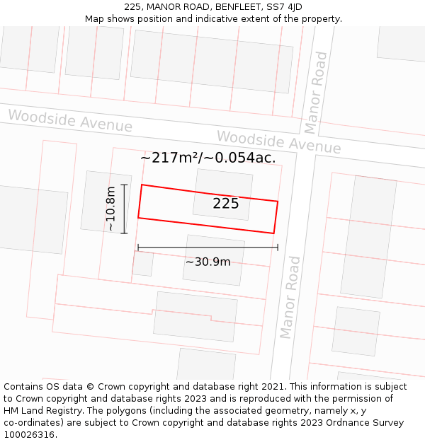 225, MANOR ROAD, BENFLEET, SS7 4JD: Plot and title map