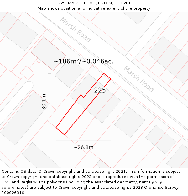 225, MARSH ROAD, LUTON, LU3 2RT: Plot and title map