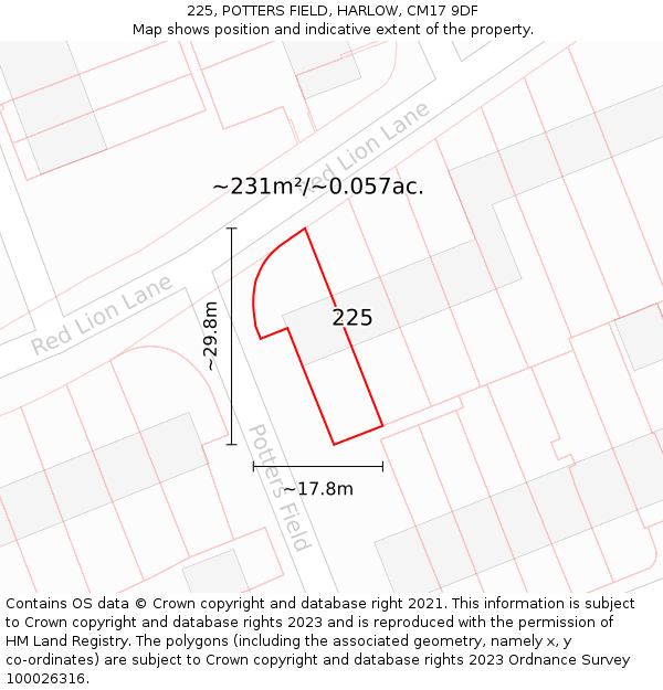 225, POTTERS FIELD, HARLOW, CM17 9DF: Plot and title map