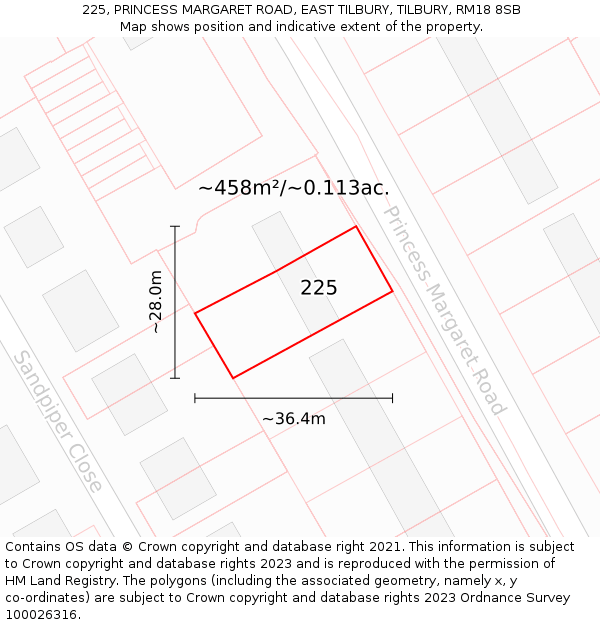 225, PRINCESS MARGARET ROAD, EAST TILBURY, TILBURY, RM18 8SB: Plot and title map