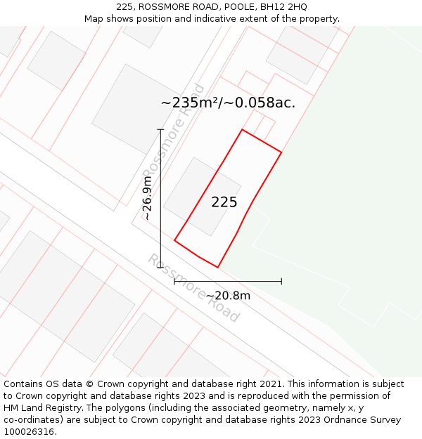 225, ROSSMORE ROAD, POOLE, BH12 2HQ: Plot and title map