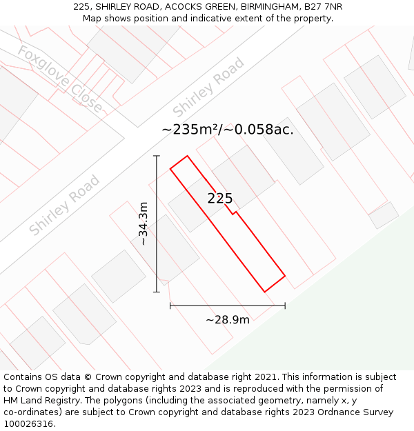 225, SHIRLEY ROAD, ACOCKS GREEN, BIRMINGHAM, B27 7NR: Plot and title map