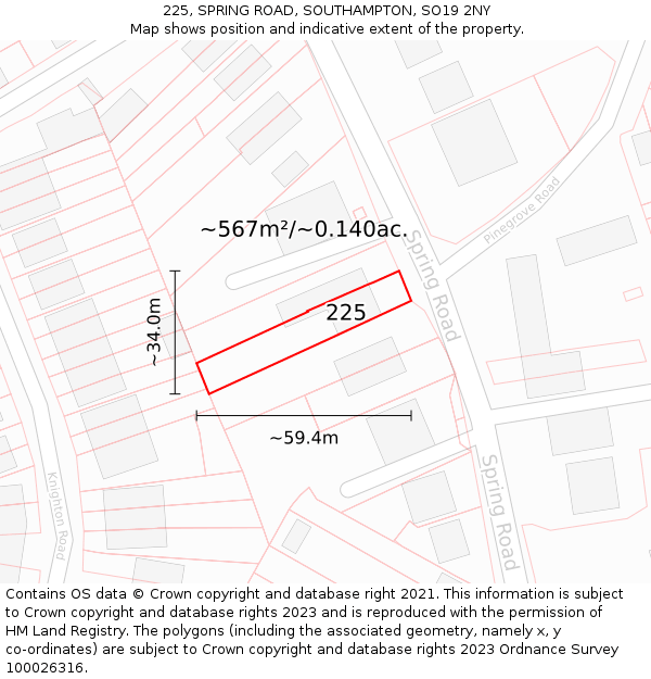 225, SPRING ROAD, SOUTHAMPTON, SO19 2NY: Plot and title map