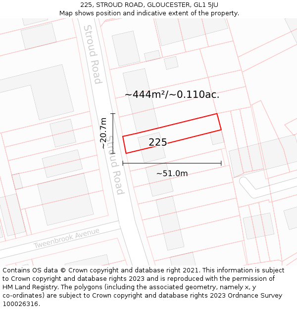 225, STROUD ROAD, GLOUCESTER, GL1 5JU: Plot and title map