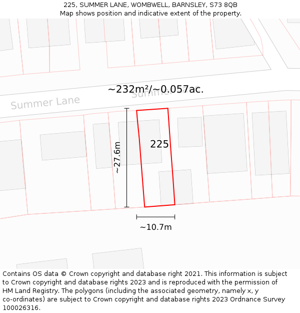 225, SUMMER LANE, WOMBWELL, BARNSLEY, S73 8QB: Plot and title map