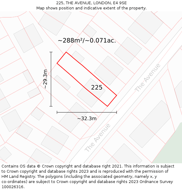 225, THE AVENUE, LONDON, E4 9SE: Plot and title map