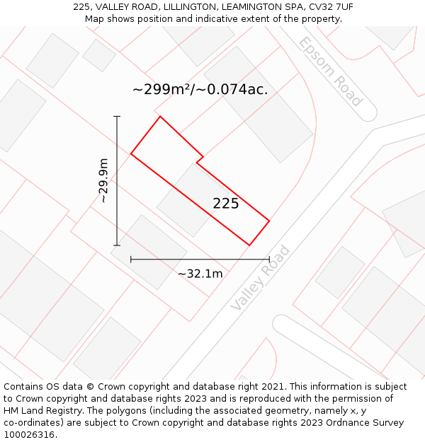 225, VALLEY ROAD, LILLINGTON, LEAMINGTON SPA, CV32 7UF: Plot and title map