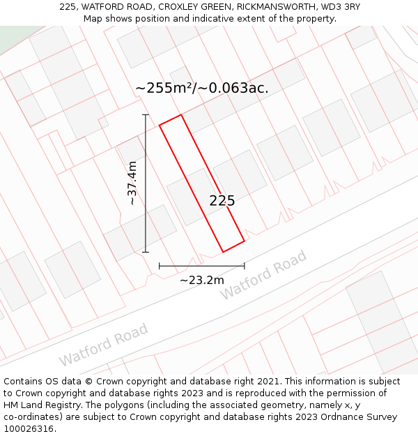 225, WATFORD ROAD, CROXLEY GREEN, RICKMANSWORTH, WD3 3RY: Plot and title map