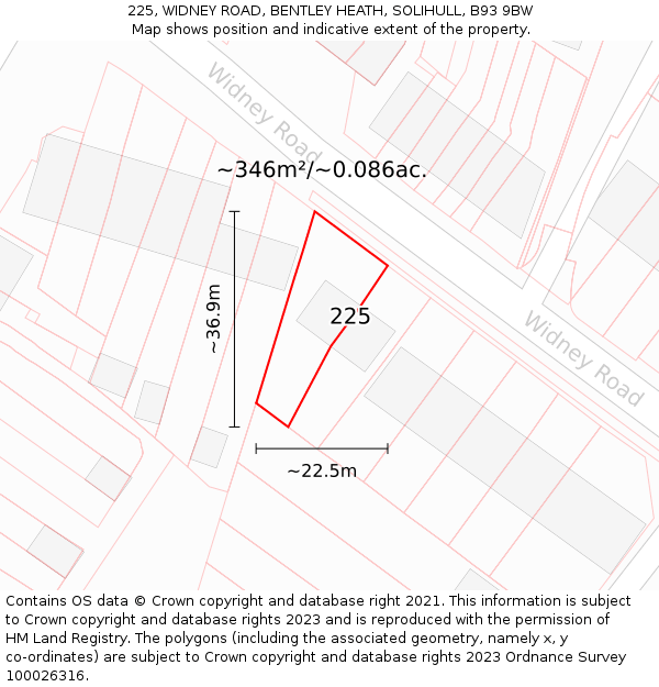 225, WIDNEY ROAD, BENTLEY HEATH, SOLIHULL, B93 9BW: Plot and title map