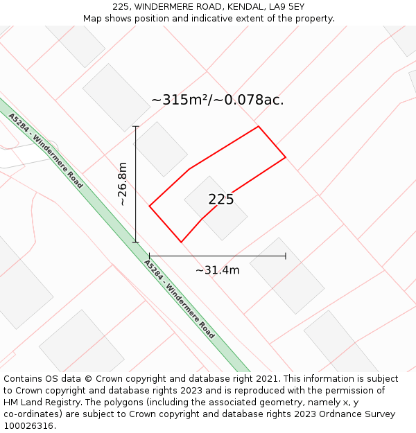 225, WINDERMERE ROAD, KENDAL, LA9 5EY: Plot and title map