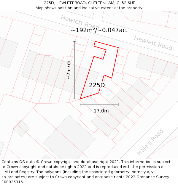 225D, HEWLETT ROAD, CHELTENHAM, GL52 6UF: Plot and title map