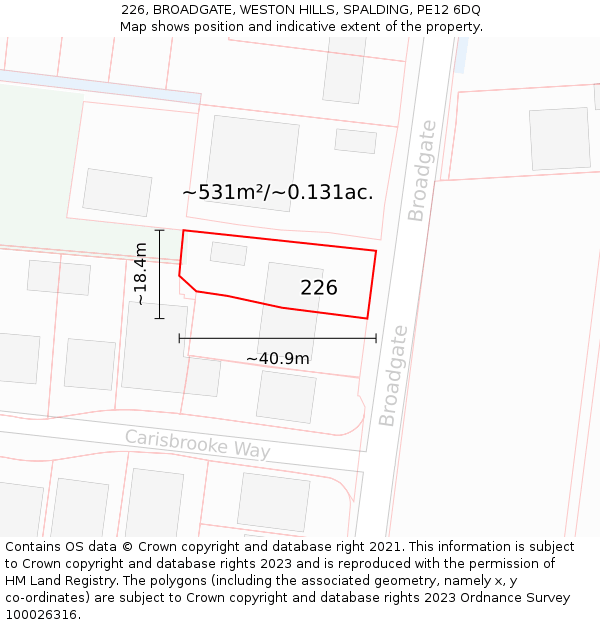 226, BROADGATE, WESTON HILLS, SPALDING, PE12 6DQ: Plot and title map