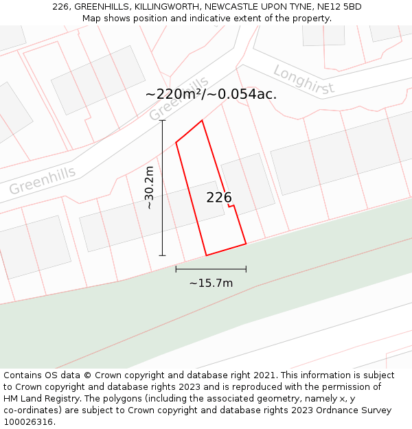 226, GREENHILLS, KILLINGWORTH, NEWCASTLE UPON TYNE, NE12 5BD: Plot and title map