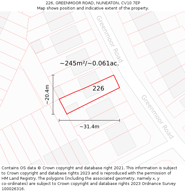 226, GREENMOOR ROAD, NUNEATON, CV10 7EP: Plot and title map