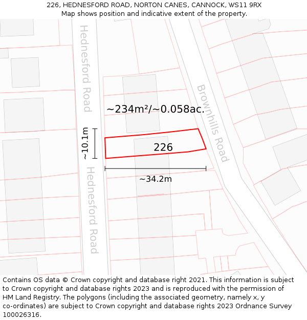 226, HEDNESFORD ROAD, NORTON CANES, CANNOCK, WS11 9RX: Plot and title map