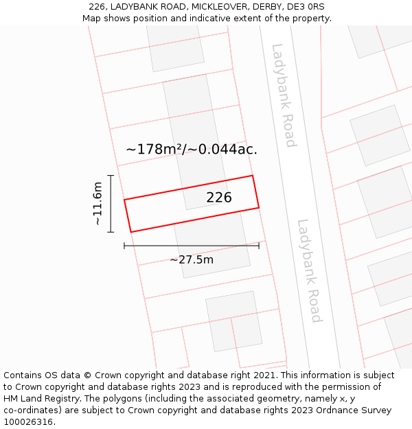 226, LADYBANK ROAD, MICKLEOVER, DERBY, DE3 0RS: Plot and title map