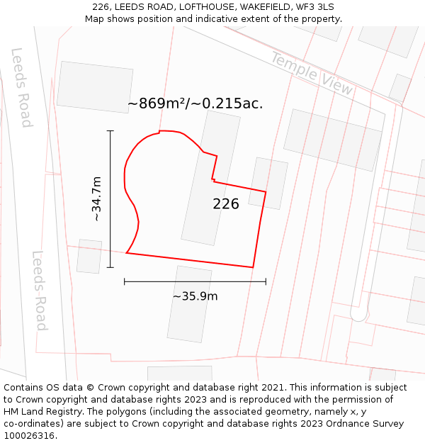 226, LEEDS ROAD, LOFTHOUSE, WAKEFIELD, WF3 3LS: Plot and title map