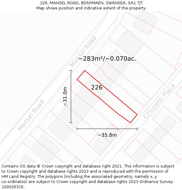 226, MANSEL ROAD, BONYMAEN, SWANSEA, SA1 7JT: Plot and title map