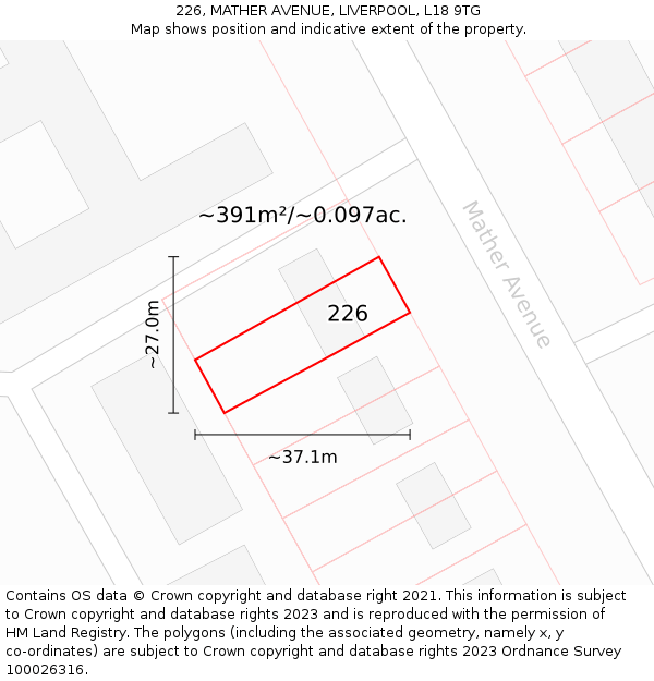 226, MATHER AVENUE, LIVERPOOL, L18 9TG: Plot and title map