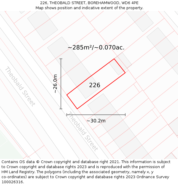 226, THEOBALD STREET, BOREHAMWOOD, WD6 4PE: Plot and title map