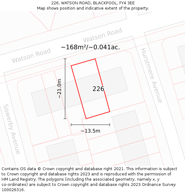 226, WATSON ROAD, BLACKPOOL, FY4 3EE: Plot and title map