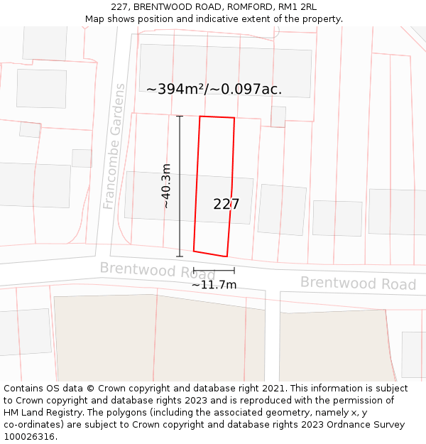 227, BRENTWOOD ROAD, ROMFORD, RM1 2RL: Plot and title map