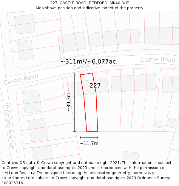 227, CASTLE ROAD, BEDFORD, MK40 3UB: Plot and title map