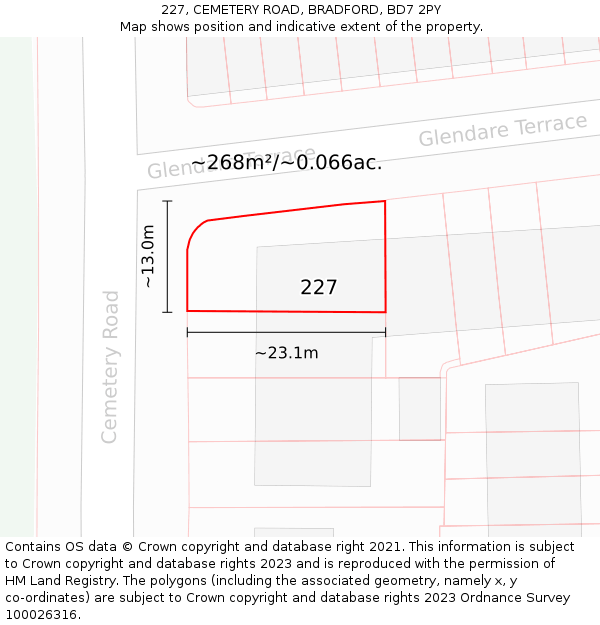 227, CEMETERY ROAD, BRADFORD, BD7 2PY: Plot and title map