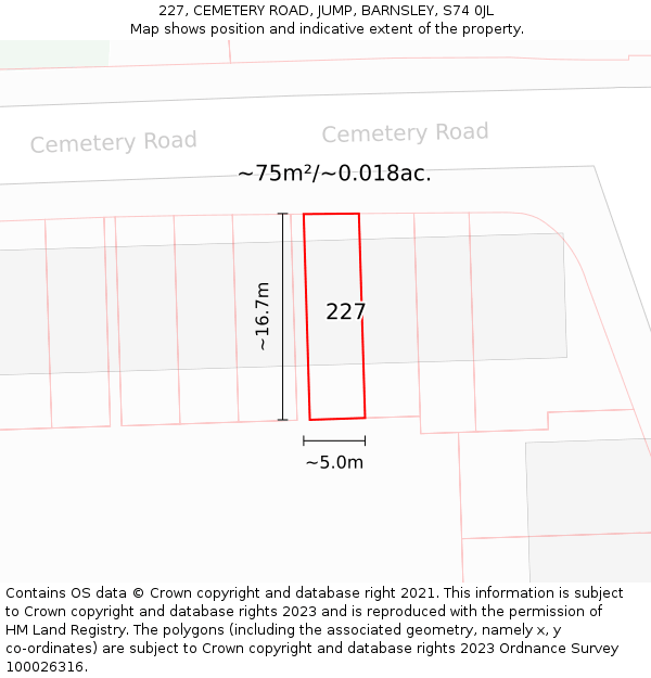 227, CEMETERY ROAD, JUMP, BARNSLEY, S74 0JL: Plot and title map