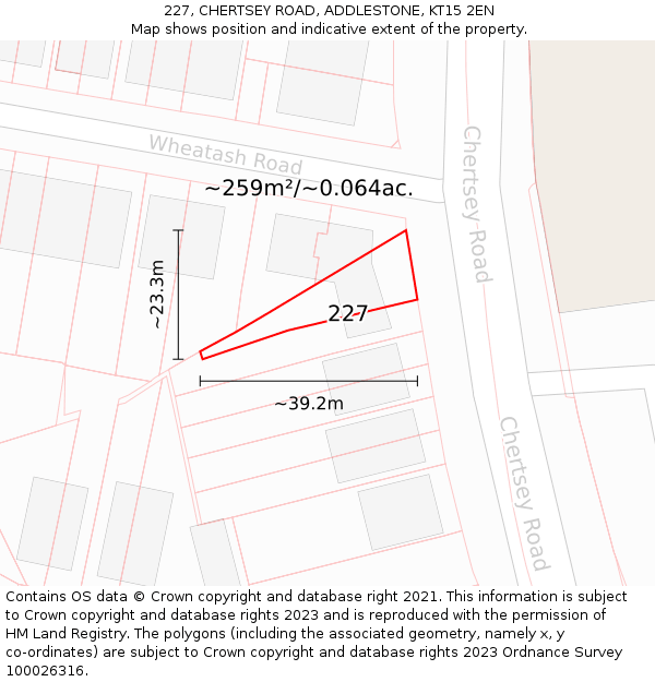 227, CHERTSEY ROAD, ADDLESTONE, KT15 2EN: Plot and title map