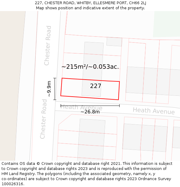 227, CHESTER ROAD, WHITBY, ELLESMERE PORT, CH66 2LJ: Plot and title map