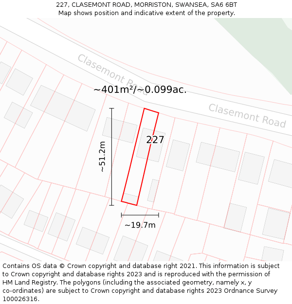 227, CLASEMONT ROAD, MORRISTON, SWANSEA, SA6 6BT: Plot and title map