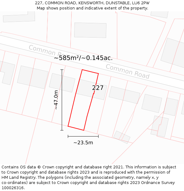 227, COMMON ROAD, KENSWORTH, DUNSTABLE, LU6 2PW: Plot and title map