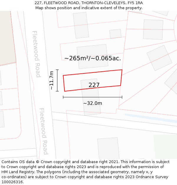 227, FLEETWOOD ROAD, THORNTON-CLEVELEYS, FY5 1RA: Plot and title map